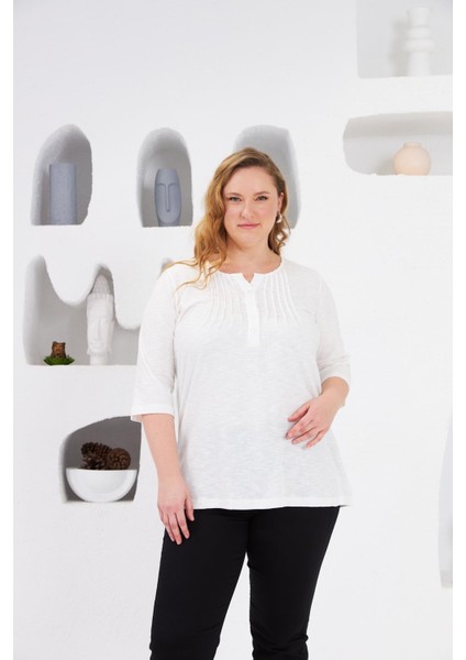 Yaka Nervürlü Büyük Beden Bluz Ekru