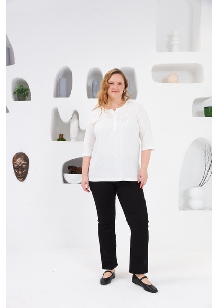 Yaka Nervürlü Büyük Beden Bluz Ekru fırsatları