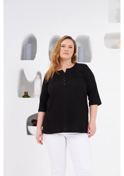 Yaka Nervürlü Büyük Beden Bluz Siyah