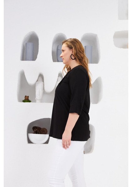 Yaka Nervürlü Büyük Beden Bluz Siyah fiyatları