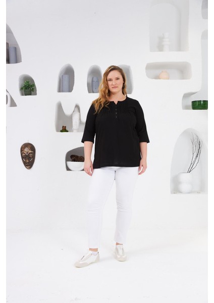 Yaka Nervürlü Büyük Beden Bluz Siyah indirimleri