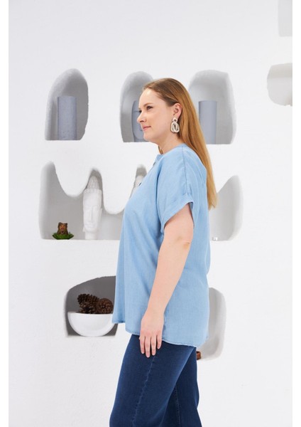 Yaka Detaylı Büyük Beden Bluz Buz Mavisi fiyatları