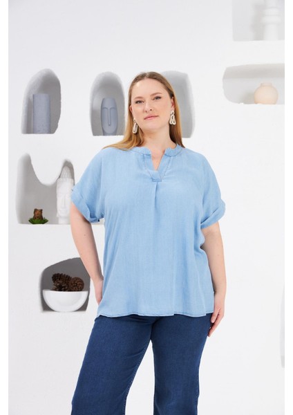 Yaka Detaylı Büyük Beden Bluz Buz Mavisi fırsatları