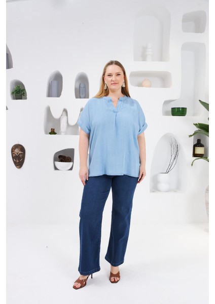 Yaka Detaylı Büyük Beden Bluz Buz Mavisi indirimleri