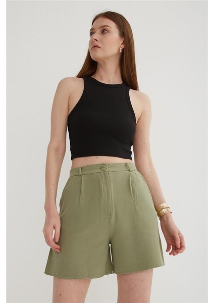 Yüksek Bel Rahat Pileli Keten Şort Haki modelleri