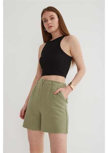 Yüksek Bel Rahat Pileli Keten Şort Haki fırsatları
