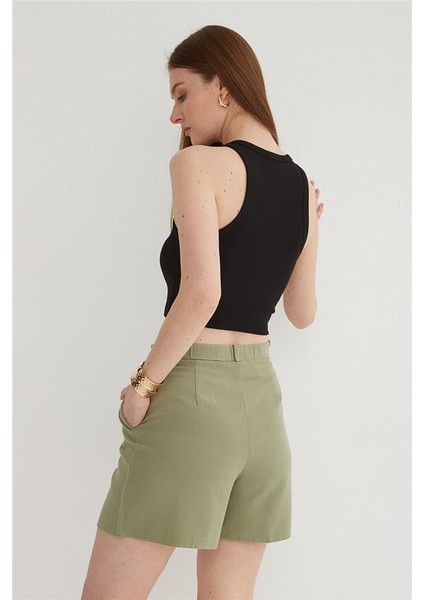 Yüksek Bel Rahat Pileli Keten Şort Haki indirimleri