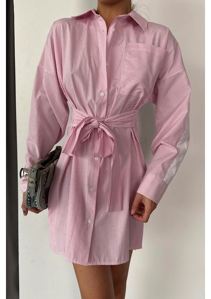 Pembe Çizgili Poplin Gömlek Elbise modelleri