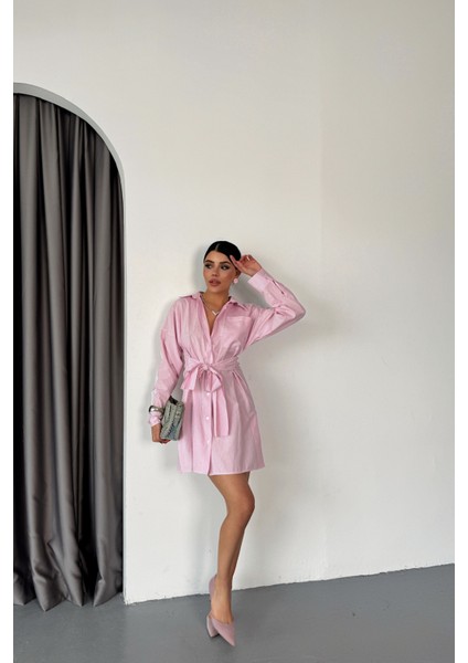 Pembe Çizgili Poplin Gömlek Elbise indirimleri