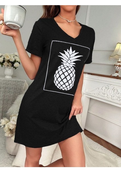 AYDOGANTICARET44 Kadın Ananas Baskılı Kısa Kol Viskon Elbise fırsatları