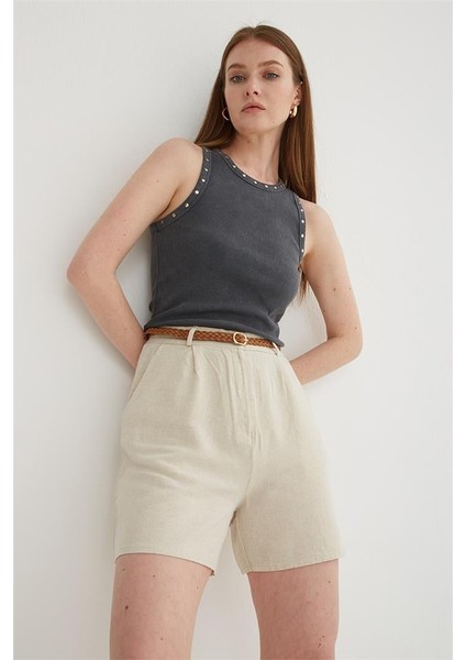 Yüksek Bel Rahat Pileli Keten Şort Natural