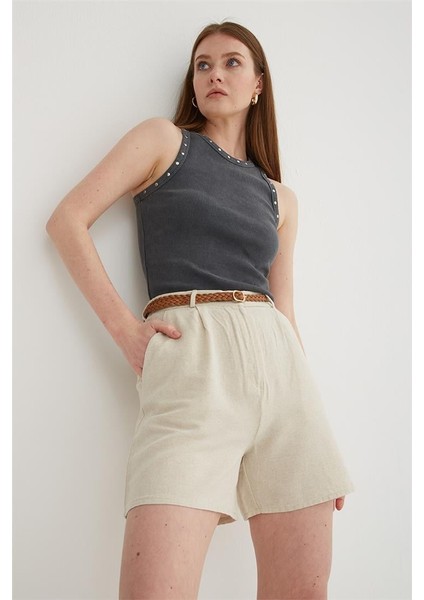 Yüksek Bel Rahat Pileli Keten Şort Natural fiyatları