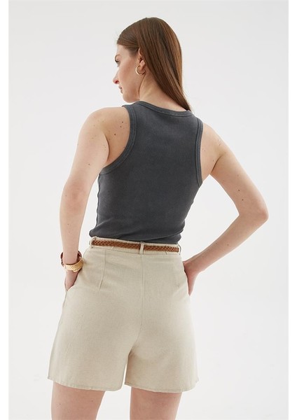 Yüksek Bel Rahat Pileli Keten Şort Natural modelleri