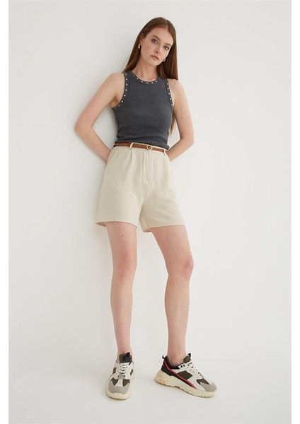 Yüksek Bel Rahat Pileli Keten Şort Natural indirimleri