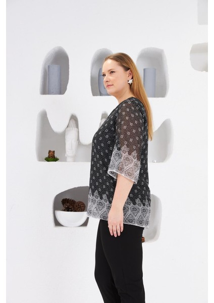 Desenli Büyük Beden Içi Astarlı Bluz Siyah fiyatları