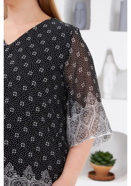 Desenli Büyük Beden Içi Astarlı Bluz Siyah modelleri