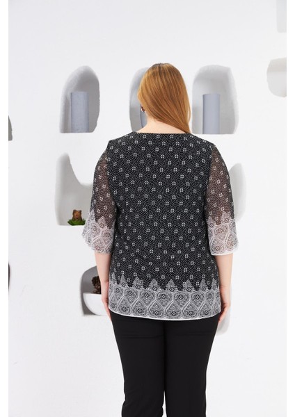 Desenli Büyük Beden Içi Astarlı Bluz Siyah indirimleri