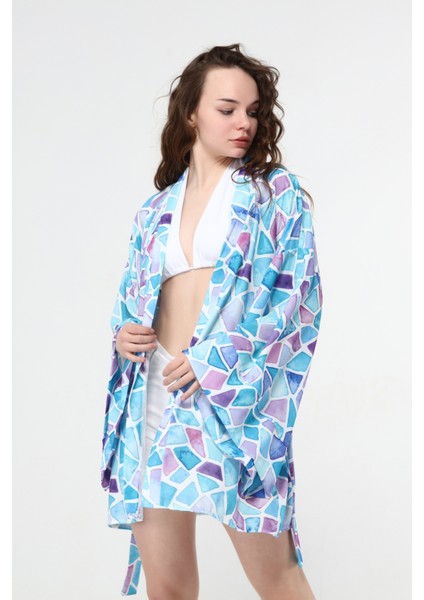 Naomi Yeşil Geometrik Desen Kimono