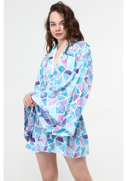 Naomi Yeşil Geometrik Desen Kimono