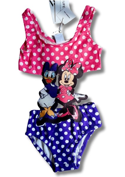 Kız Çocuk Minnie Mouse Daisy Figürlü Pembe Mor Puantiyeli Lastikli Mayokini Çocuk Mayo