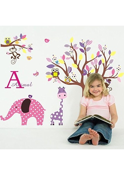 Kids Çocuk Odası Dekorasyonu Pembe Mor Sevimli Hayvanlar ve Ağaç Hediyelik Duvar Dekoru