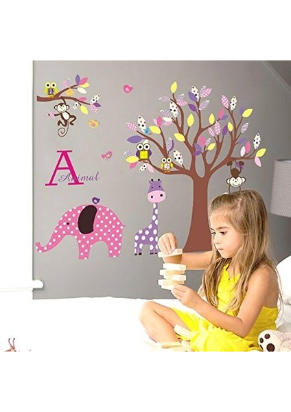 Kids Çocuk Odası Dekorasyonu Pembe Mor Sevimli Hayvanlar ve Ağaç Hediyelik Duvar Dekoru