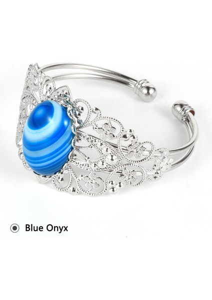 Mavi Oniks Doğal Opal Oniks Kristal Kaplan Gözü Taş Bilezik Bilezik Erkek Kadın Vintage Gümüş Renkli Çiçek Bakır Boho Sargı Bileklik (Yurt Dışından)