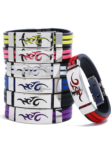 Kırmızı 2019 Moda Titanyum Çelik Kişilik Ateş Desenli Erkek Siyah Silikon Paslanmaz Çelik Manyetik Toka Bilezik Bileklik Takı (Yurt Dışından) fiyatları