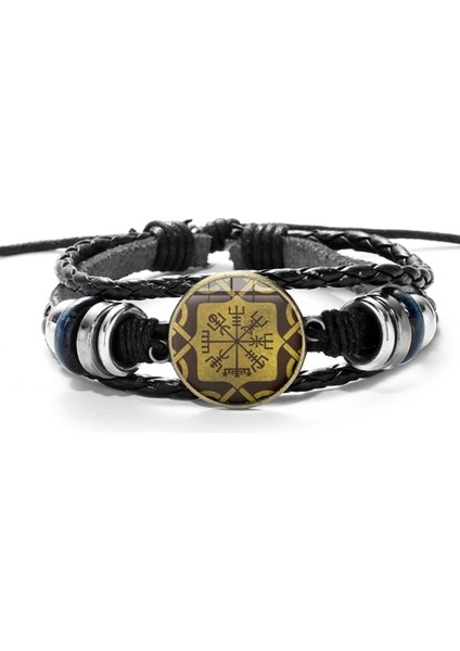 Stil 14 Vegvisir Viking Pusula Deri Bileklik Vintage Üçlü Kuzey Runları Odin Desen Cam Bilezikler Erkek Takı Hediye (Yurt Dışından)