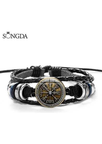Stil 14 Vegvisir Viking Pusula Deri Bileklik Vintage Üçlü Kuzey Runları Odin Desen Cam Bilezikler Erkek Takı Hediye (Yurt Dışından) fırsatları
