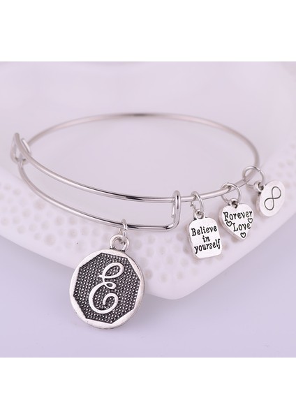 E Amerikan Genişletilebilir Bilezikler Antik A-Z Baş Harf Alfabe Şans Bileziği Ayarlanabilir Tel Sarma Koldan Bilezik Kadın (Yurt Dışından)