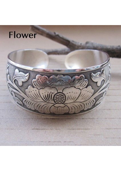 Çiçek Etnik Geniş Bilezik Fil Çiçek Kaplumbağa Totem Tibet Koldan Bilezik Oymalı Retro Kabil Gümüş Metal Bilezikler (Yurt Dışından)