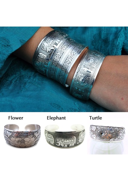 Çiçek Etnik Geniş Bilezik Fil Çiçek Kaplumbağa Totem Tibet Koldan Bilezik Oymalı Retro Kabil Gümüş Metal Bilezikler (Yurt Dışından) modelleri