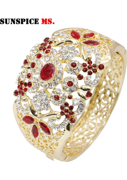 XY1601KIRMIZI Sunspicems Zarif Kristal Düğün Takı Cezayir Fas Bilezik Çiçek Kolluk Bilezik Kadınlar Için Altın Renkli Arap Bijoux Hediye (Yurt Dışından) modelleri