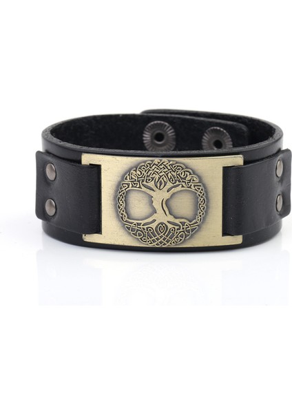 Siyah-Bronz Skyrim Viking Yaşam Ağacı Vintage Wrap Wicca Metal Deri Bilezik Amulet Ayarlanabilir Manşet Bilezik Vintage Takı Erkekler (Yurt Dışından)