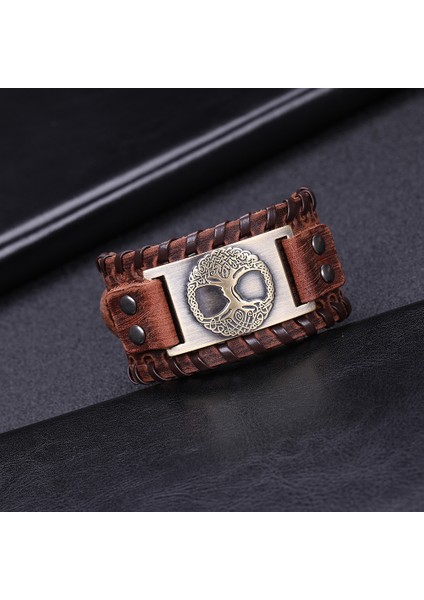 Siyah-Bronz Skyrim Viking Yaşam Ağacı Vintage Wrap Wicca Metal Deri Bilezik Amulet Ayarlanabilir Manşet Bilezik Vintage Takı Erkekler (Yurt Dışından)