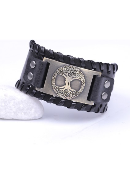 Siyah-Bronz Skyrim Viking Yaşam Ağacı Vintage Wrap Wicca Metal Deri Bilezik Amulet Ayarlanabilir Manşet Bilezik Vintage Takı Erkekler (Yurt Dışından)