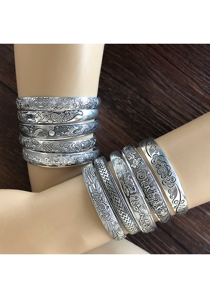 B1033B Yeni Retro Kolduk Bilezikler Tibet Gümüş Metal Oyma Balık Fil Çiçek Bilezikler Vintage Çingene Mücevherleri Kadın Hediyeleri (Yurt Dışından)