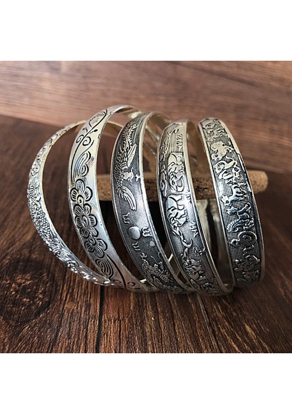 B1033B Yeni Retro Kolduk Bilezikler Tibet Gümüş Metal Oyma Balık Fil Çiçek Bilezikler Vintage Çingene Mücevherleri Kadın Hediyeleri (Yurt Dışından)