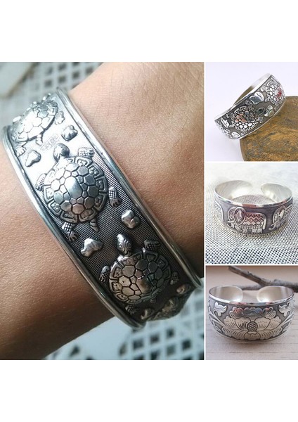 A Çin Vintage Gümüş Tibet Bilezik Oymalı Geniş Bilezik Fil Kaplumbağa Çiçek Vintage Şanslı Kadınlar Için Etnik Takı (Yurt Dışından)