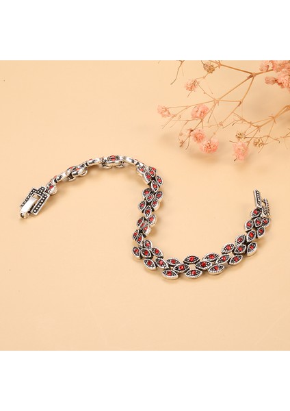 Uzunluk 19CM Tarzı Kırmızı Kinel Vintage Gümüş Kaplama Bilezikler Oval Göz Kristal Bilezikler Kadınlar Için Şık Basit Türk Bileziği Boho Nişan Takıları (Yurt Dışından) indirimleri