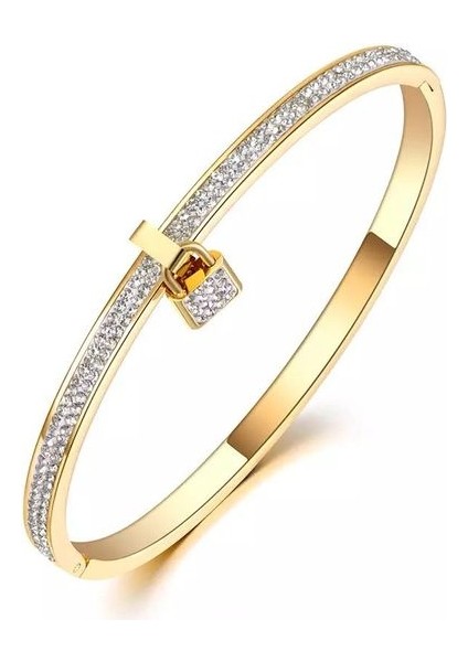 Altın Rengi Kadınlar Için Kristal Kilit Aşıklar Bilezikleri Çift Taşlı Paslanmaz Çelik Titanyum Çift Bilezik Kız Moda Takı (Yurt Dışından)