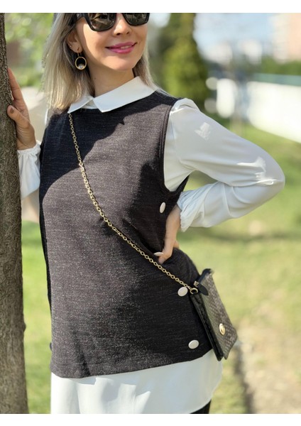 Yanları Düğmeli Yelek, Tunik ve Pantolon Üçlü Takım