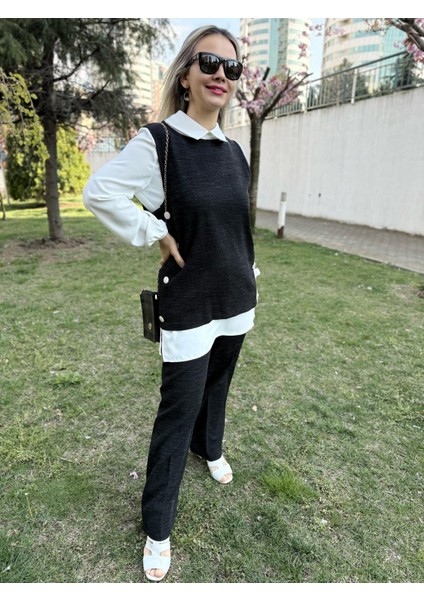 Yanları Düğmeli Yelek, Tunik ve Pantolon Üçlü Takım