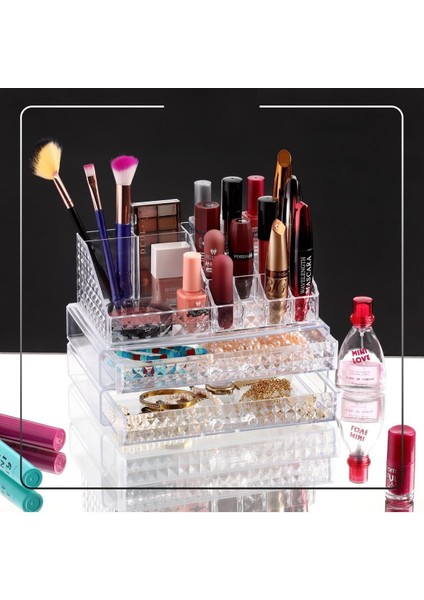 3 Katlı Diamond Kozmetik Düzenleme Kutusu - 2 Çekmeceli 16 Bölmeli Takı Aksesuar Makyaj Organizeri
