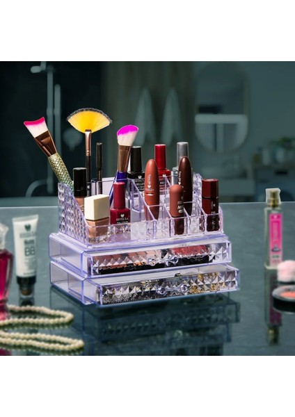 3 Katlı Diamond Kozmetik Düzenleme Kutusu - 2 Çekmeceli 16 Bölmeli Takı Aksesuar Makyaj Organizeri fiyatları