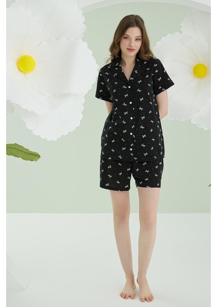 %100 Pamuklu Kadın Siyah Düğmeli Şortlu Pijama Takımıı