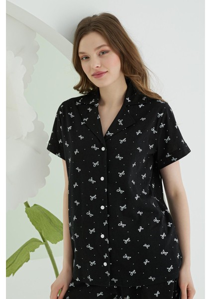 %100 Pamuklu Kadın Siyah Düğmeli Şortlu Pijama Takımıı
