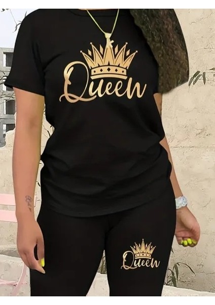 AYDOGANTICARET44 Kadın Kısa Kollu Queen Baskı Viskon Ikili Takım