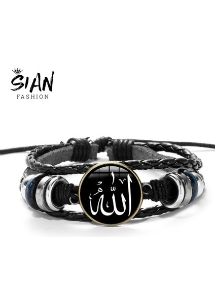 Stil 7 Sıan Arap Müslüman Tanrı Allah Şans Bilezik Çok Katmanlı Siyah Punk Deri Bilezik Erkek Kadın Islam Kuran Arap Klasik Takı (Yurt Dışından)